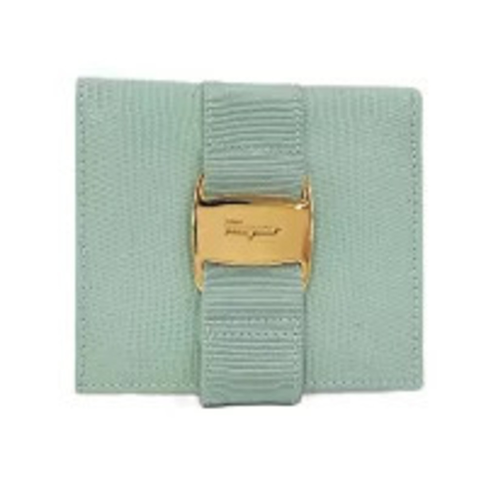 Salvatore Ferragamo Bi fold Wallet Compact Vara Embossed Leather Emerald Green